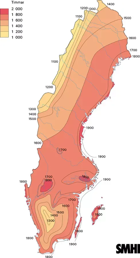 Solkarta Sverige - antal soltimmar upp till 2000 timmar